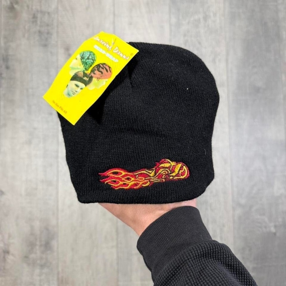 Vintage 2000s emo, grunge, fire chopper style motorcycle skull cap beanie